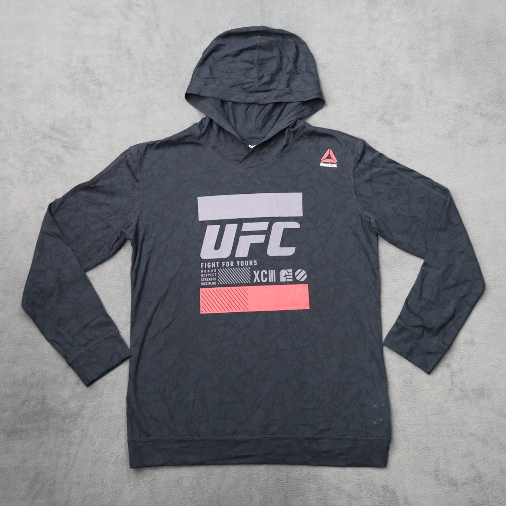 Reebok UFC Fight For Yours Long Sleeve Hooded T-Shirt Black Crackle Print Mens L